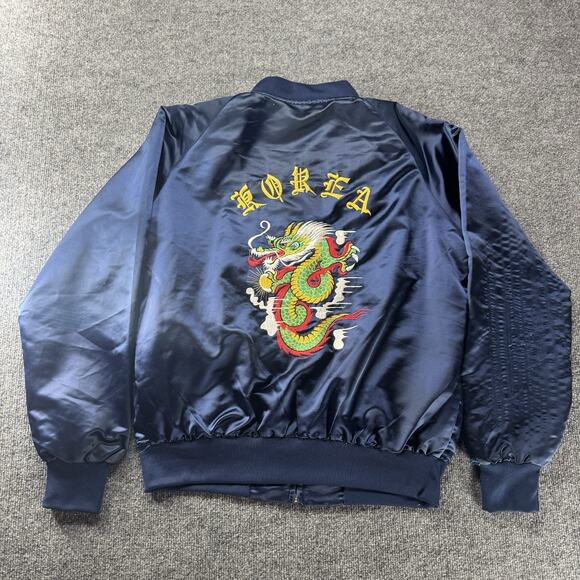 Vintage Korea Embroidered Dragon Satin Bomber Souvenir Jacket Distress Full Zip - Picture 2 of 11